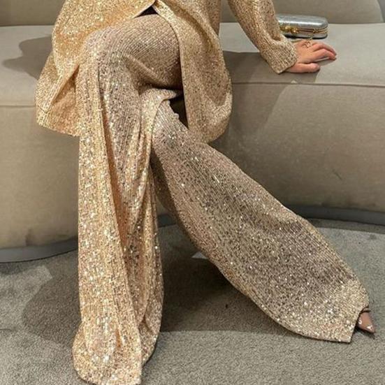 Женская рубашка с пайетками, брюки, лацкан, V-образный вырез, мешковатая, с длинным рукавом, средняя длина