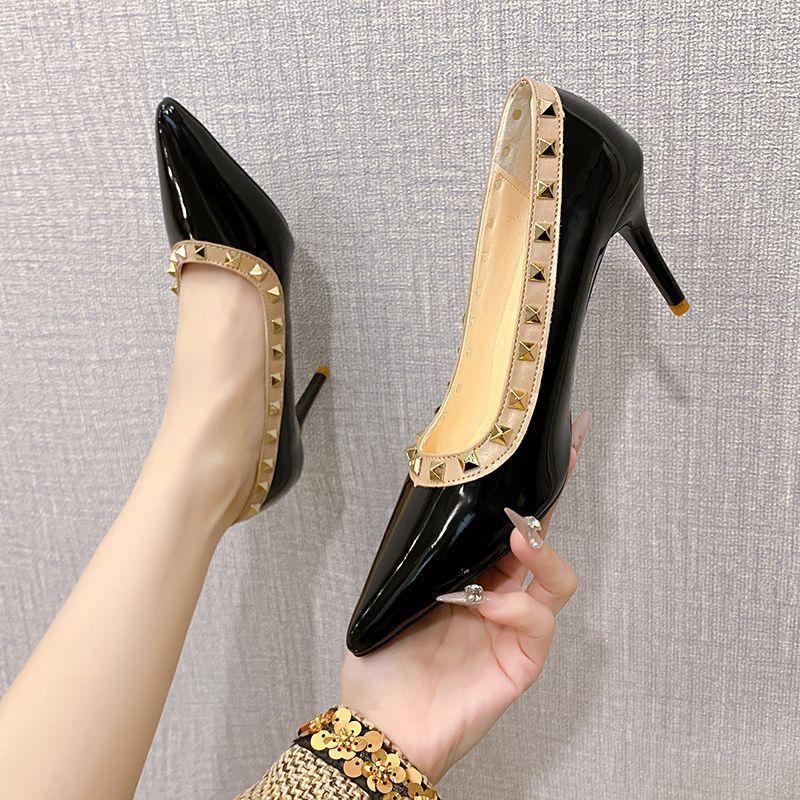 Rivet Beautiful High Heels Women's 2025 New French Design Patent Leather Niche Stiletto Shoes Pointed Temperament Single Shoes