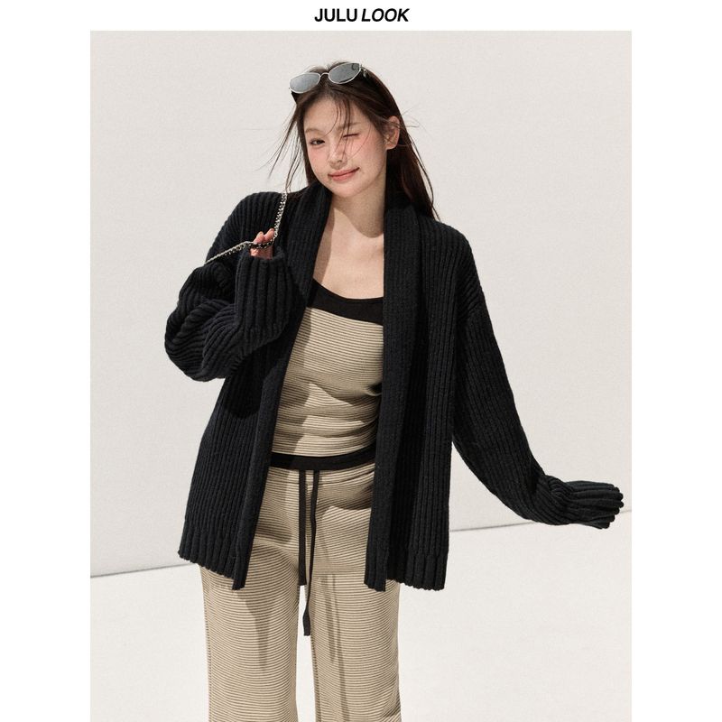 Julu Studio's "Embrace the Shape You Are In" Plus Size Lazy Cardigan Striped Camisole Flared Pants Set
