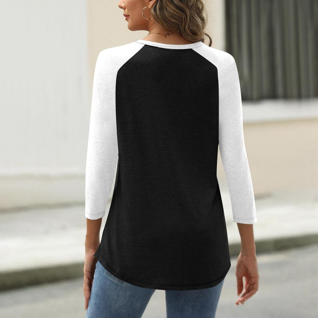 Жен. Футболка С принтом Пуговицы Рукав 3/4 Повседневные Выходные Мода Классический Классический V-образный вырез Обычный Верх