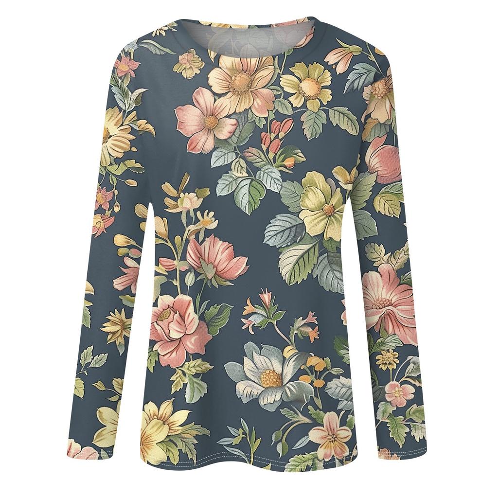 Женская мода Повседневная ретро-принт с круглым вырезом и длинным рукавом Декоративная футболка Топ