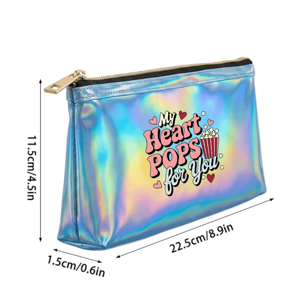 Retro Popcorn Heart Pattern Laser Cosmetic Makeup Bag, Shiny IridescentToiletry Organizer for Travel Holiday Gift and Daily Storage