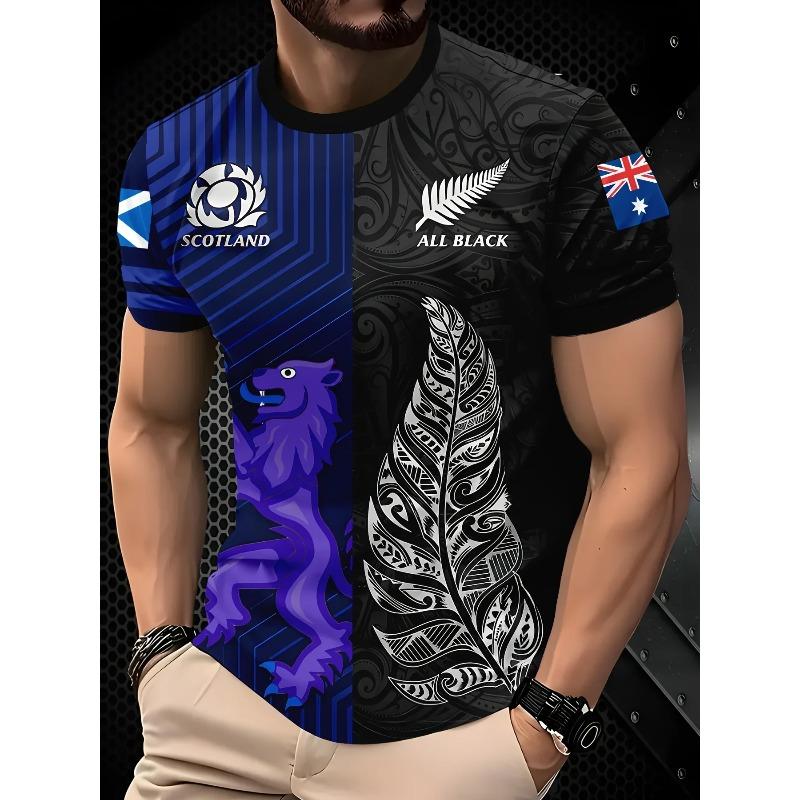 Men's Full-Body 3D Print Graphic Tee - Scotland & New Zealand Cultural Fusion Shirt with Dual-Sided Blue Floral Lion, Lightweigh