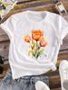 (Asian Size) Short Sleeve T Shirt Casual Watercolor Lovely Flower 90s Tee Top Fashion Women Clothing Printed O-neck Ladies Female Graphic T-shirts