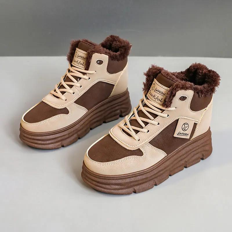 Зимние женские ботильоны Теплые плюшевые Нескользящие Уличные Снежные ботинки Высокие на платформе Простые Теплые Студенческие Женская обувь