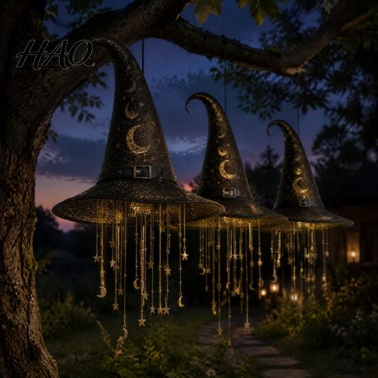 Outdoor Festive Hanging Stars Light Up Witch Hat Lamp, Glowing Halloween Ornament with Twinkling Magical Atmosphere Prop Moon, Indoor Porch