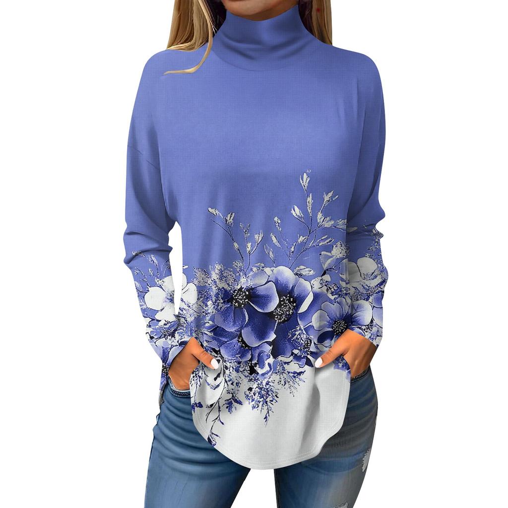 Women's Fashionable Casual High Neck Printed Long Sleeve T-Shirt Pullover Top