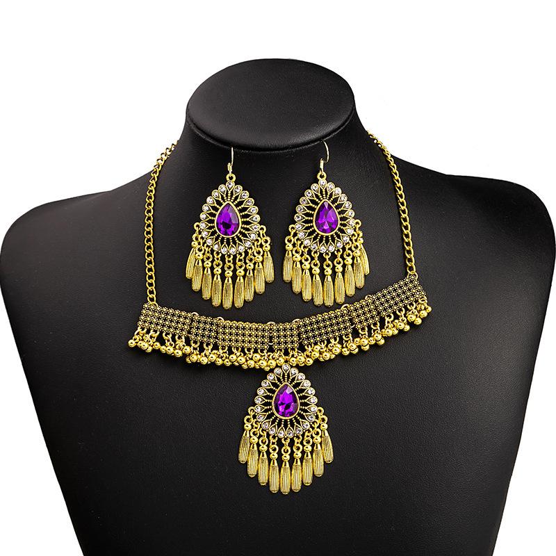 Vintage Exaggerated Rhinestone Necklace, Dinner Dress Geometric Square Jewelry Set With Diamond Water Drop Earrings For Women