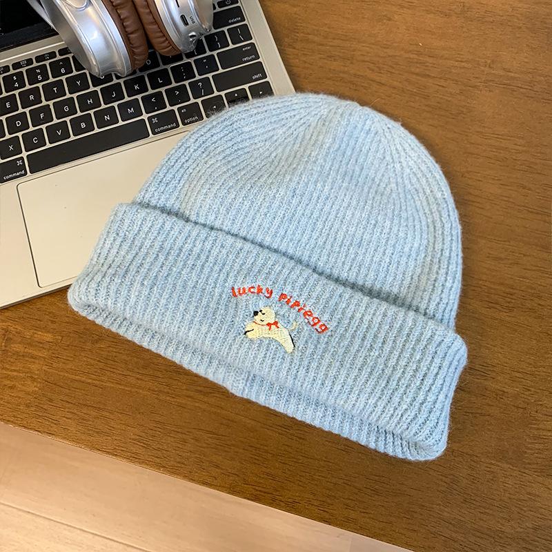 Милая вышитая вязаная шерстяная шапка для щенка, детская, осенне-зимняя, универсальная, для большого обхвата головы, зрительно уменьшающая лицо, теплая, шапка-мешок на голову, шапка от холода