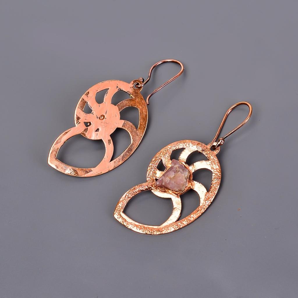 Натуральный розовый сапфир медь висячие серьги подарок дочери гальванопластика ювелирные изделия V-103
