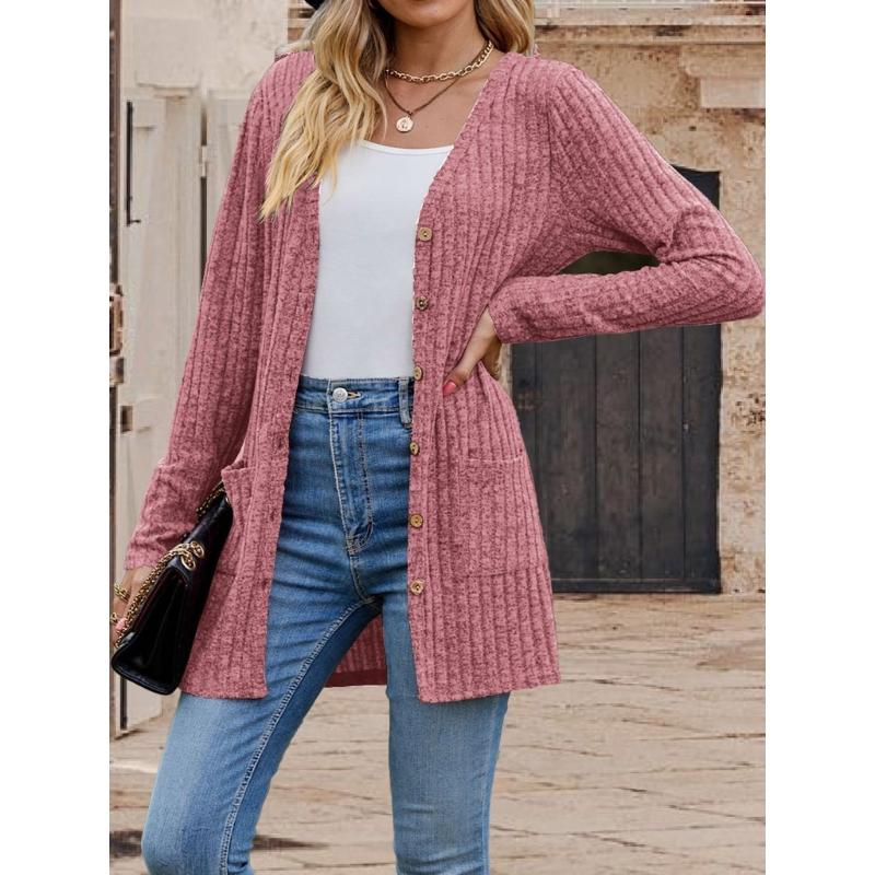 Women's V Neck Button Down Knitwear Long Sleeve Soft Knit Cardigan Sweater Fall Winter Cardigan Sweater Short Coat
