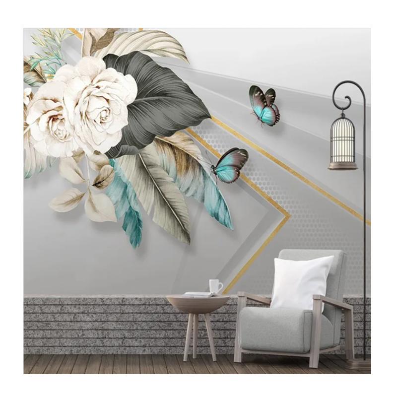 Современные обои Домашний декор Наклейки на стены 3D Цветы ручной росписи Бабочка Обои Геометрическая фреска