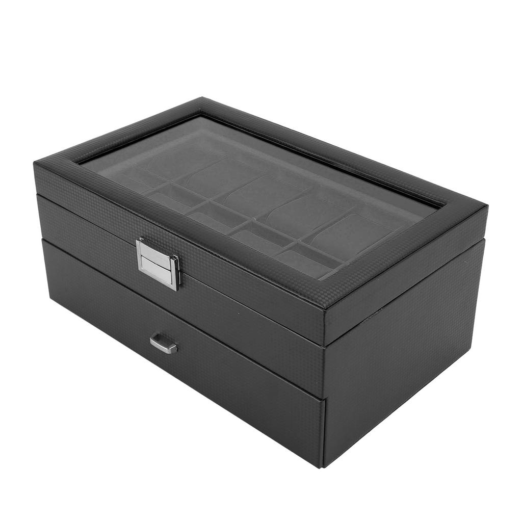 24 Slots Watch Display Box Carbon Fiber Watch Case with Drawer Design Waterproof PU Leather Interior Watch Organizer