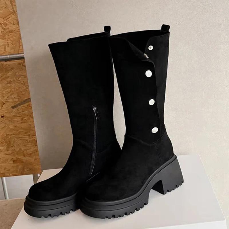 Меховые женские туфли на платформе с высоким каблуком, высокие сапоги до середины икры, трендовый бренд 2025 года, теплые короткие плюшевые зимние сапоги, женские туфли-лодочки Mujer Botas