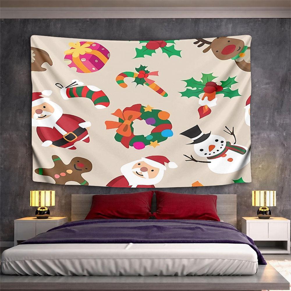 Cream Christmas Seamless Tapestry Wall Hanging Santa Gingerbread Decor for Bedroom Living Room Holiday Gift