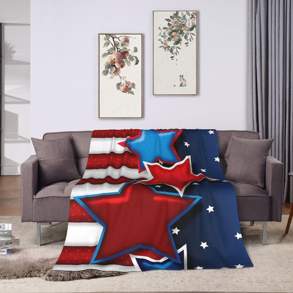 4th of July USA Flannel Blanket  Warm Soft Throw Blanket for Bedroom Airplane Travel Aesthetic Bedspread Sofa Bed Cover