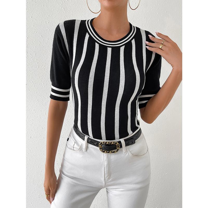 Весна-лето, новый женский полосатый модный топ с коротким рукавом, повседневный пуловер, женский трикотаж