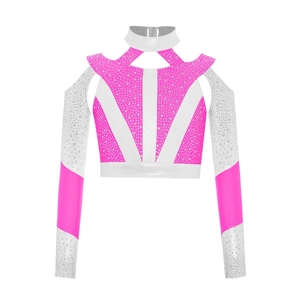 Girls Gymnastics Dance Top Long Sleeve Shiny Rhinestone Color Block Cross Back Cutout Crop Top