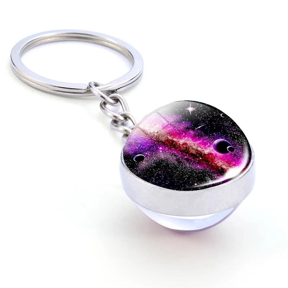 Sun Earth Double Side Glass Ball Nebula Moon Keychain Solar System Planet Keyring Luminous