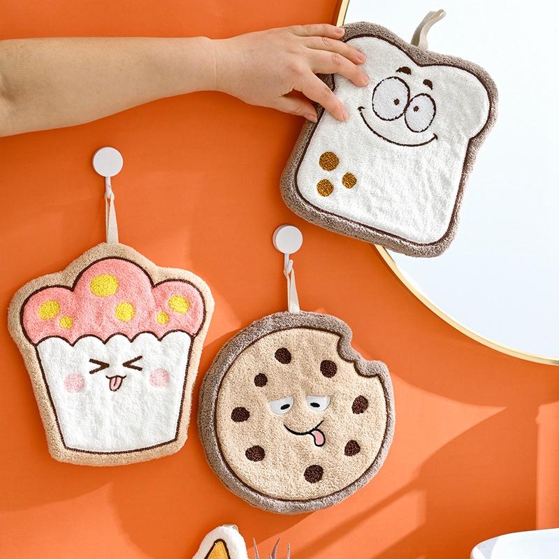 Cartoon Hamburger Toast Hand Towel Absorbent Coral Velvet Washing Hand Cloth Kitchen Bathroom Hanging Children Towel Thickened