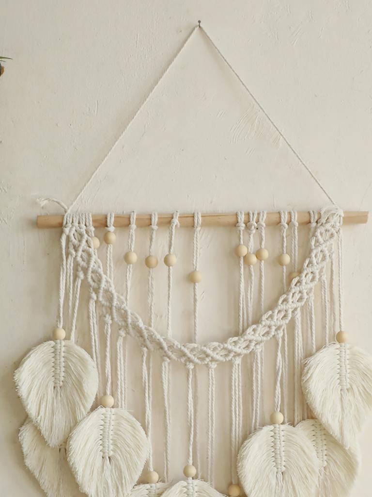 Boho Handwoven Art Tapestry with 9 Leaves and Wooden Beads, Country Wall Decor Tapestry, Nursery, or Dorm Room,  Decor Aesthetic