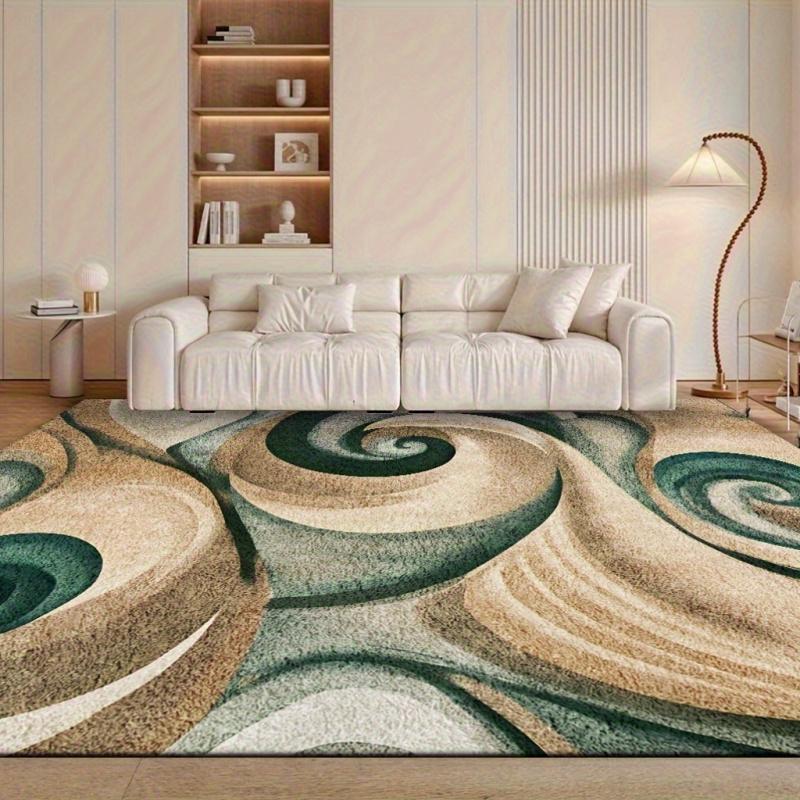 VIKAMA Modern Swirl Art Area Rug, Non-Slip Washable Abstract Carpet, Green & Beige Spiral Print Floor Mat for Living Room Bedroo