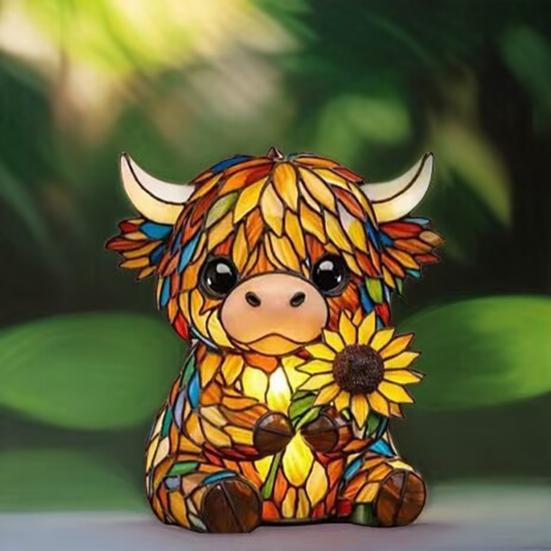 Cute Highland Cow Night Light 3D Resin Stained Glass Cow Table Lamp Rustic Animal Sunflower Bedside Lamp for Home Office Bedroom Living Room Desk