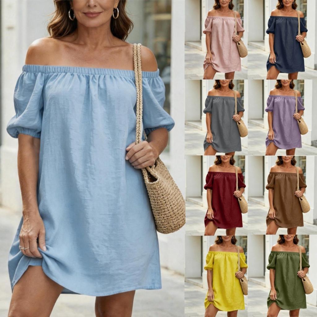 New Summer Women's Off-shoulder Loose Solid Color Linen Cotton Dress, Casual Fashion Elegant European American Style