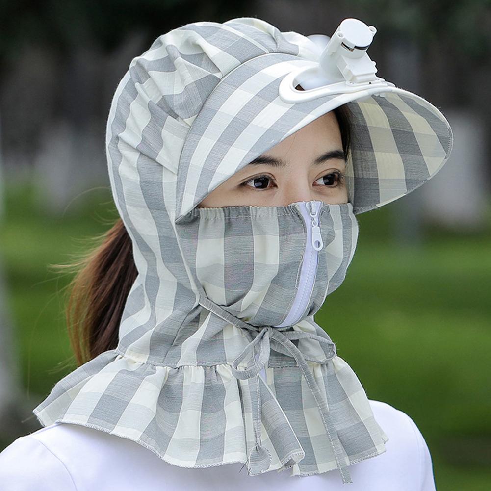 Women Summer Sun Hat Face-covering Neck Protective Windproof Sunshade Sunscreen Striped Hat With Fan