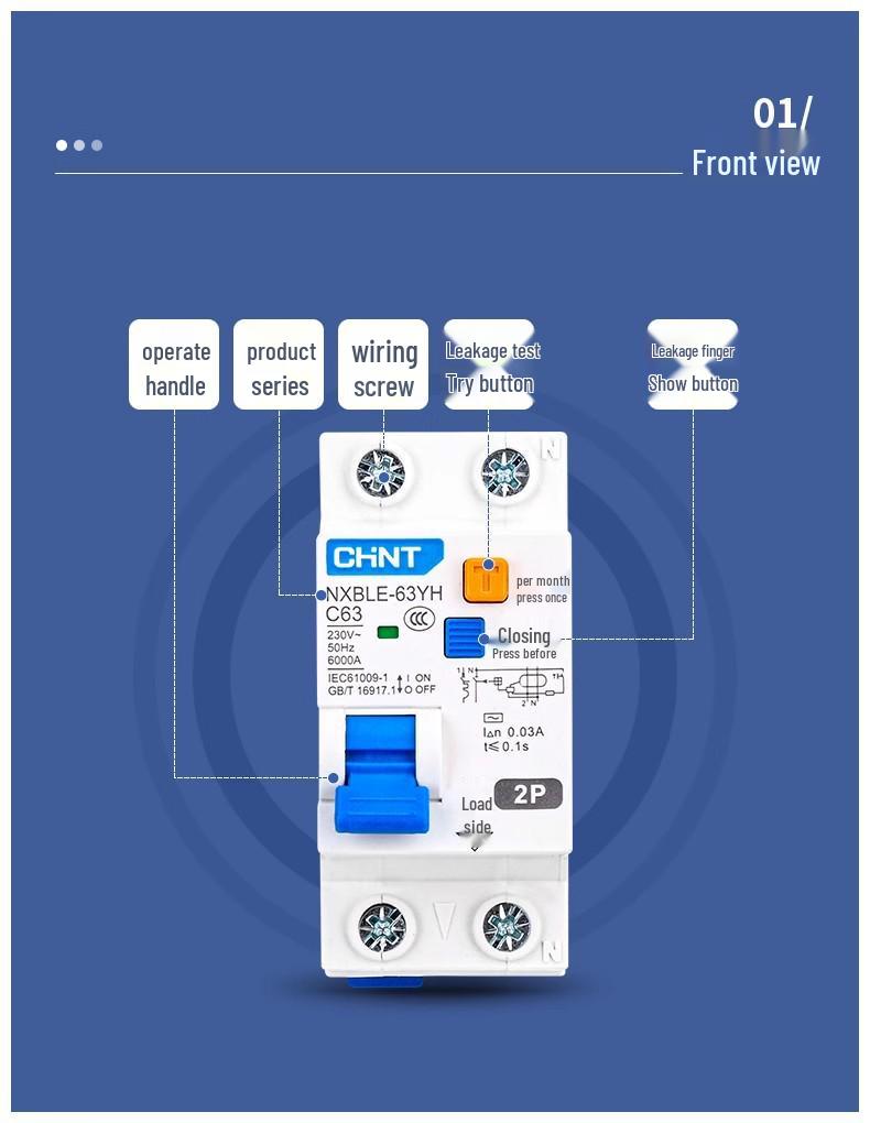 Автоматический выключатель дифференциального тока CHINT NXBLE-63YH 40A/63A, 1P+N, 2P, с двойным положением, для бытового использования.