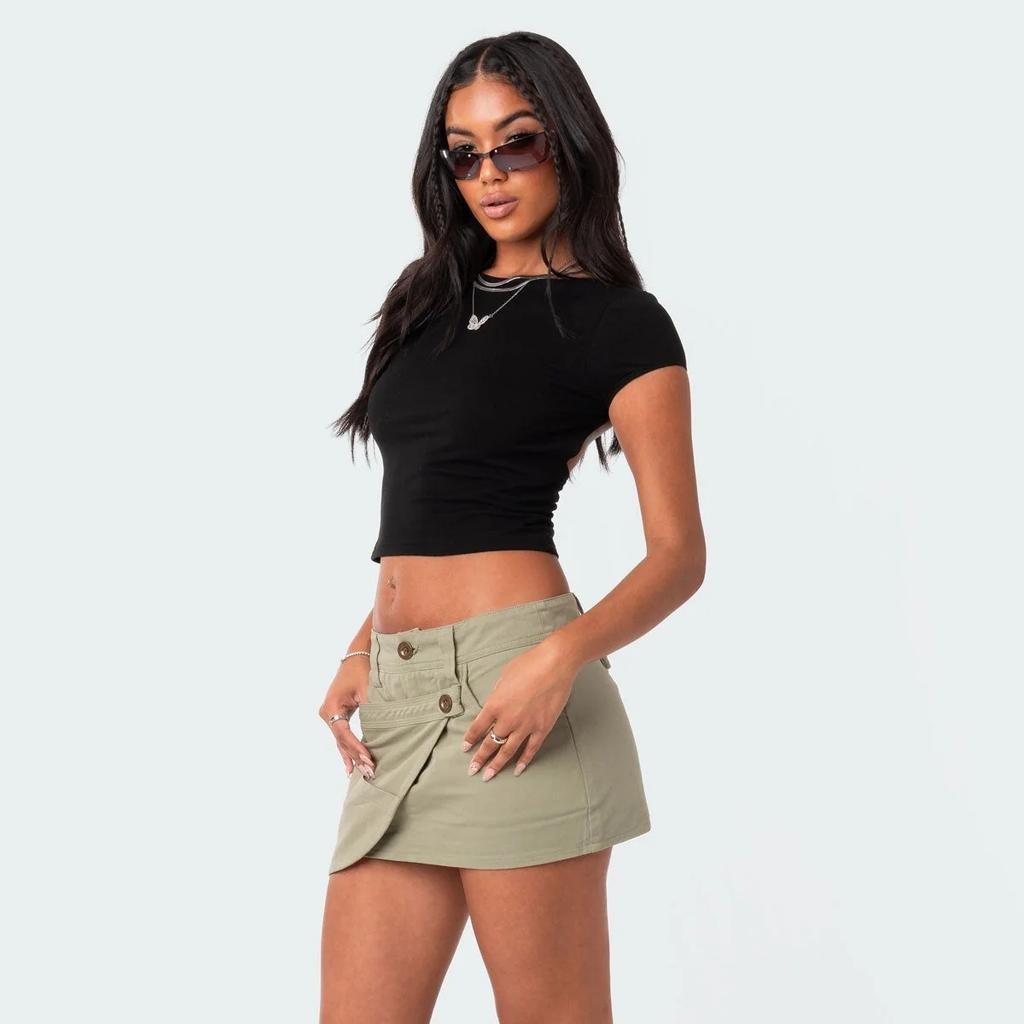 Женская футболка с круглым вырезом и открытой спиной, однотонный укороченный топ с короткими рукавами, летняя милая детская футболка Y2K, облегающая туника, модная майка