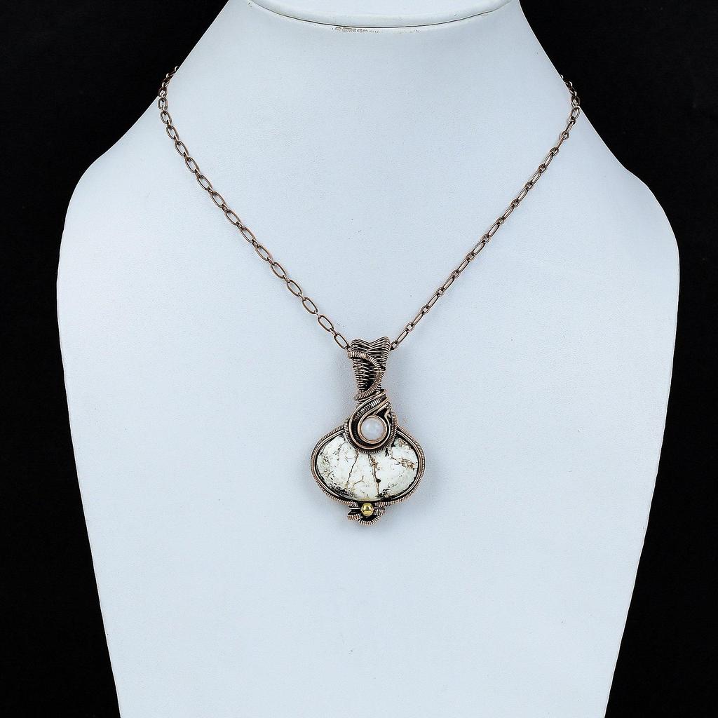 Подвеска из магнезита дикой лошади, обернутая медной проволокой, подвеска из радужного лунного камня, драгоценный камень, медная бижутерия, подвеска ручной работы, подарок для матери