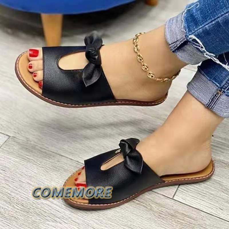 Летние женские повседневные модные сандалии-балетки с бантом, сандалии, удобные, на мягкой подошве, женские дышащие пляжные золотые тапочки, большой размер