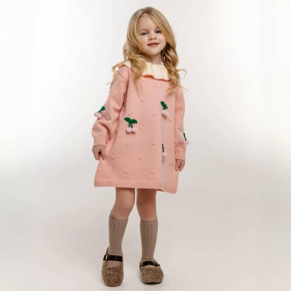 Girls' Knitted Cherry Dress – Long Sleeve Warm Sweater Dress with Ruffled Collar