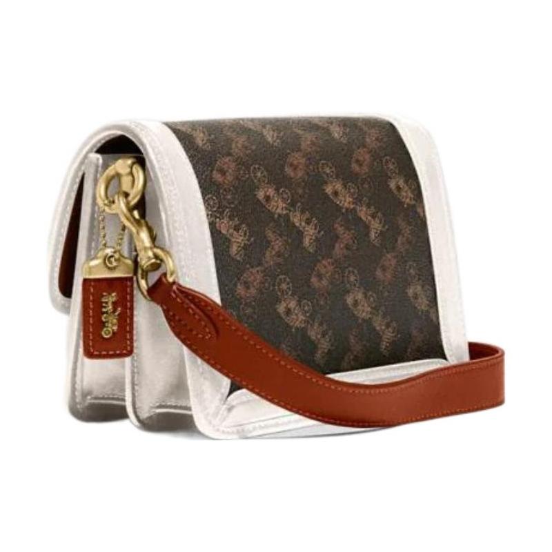 COACH crossbody bag Hero 18 color-blocked carriage buckle flap classic carriage print cowhide hand-held shoulder small size women's dark brown