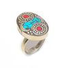 Кольцо из натурального тибетского бирюзового, кораллового серебра 925 пробы, размер регулируется w3G30