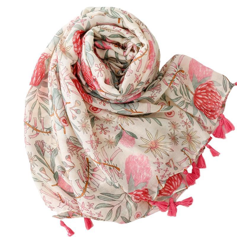 2024 Four Seasons Хлопок и конопляная текстура шарф, маленький свежий розовый растительный цветок кисточка шелковый шарф, теплая шаль для женщин