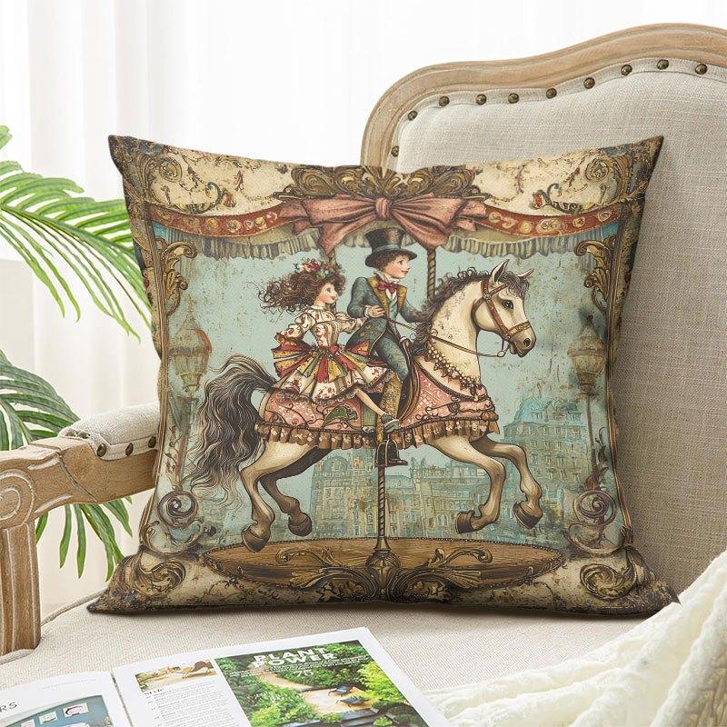 1 Pillowcase, Vintage Carousel Pillowcase with Crown and Carousel Rider, 45.72x45.72cm, Soft and Smo