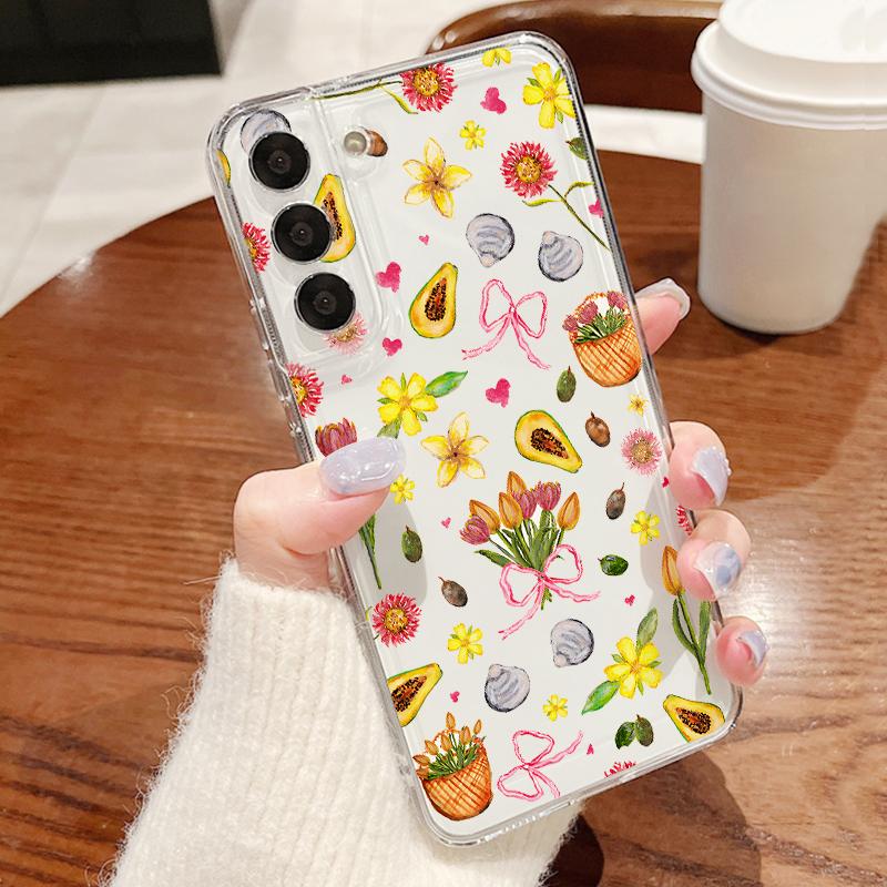 Чехол с принтом «Цветы и Листья» для Samsung S26 Ultra S25 FE S24 S23 S22 Plus S21 A15 A25 A35 A55 A16 A26 A36 A56 A17 A37 A57 5G Прозрачный мягкий чехол из ТПУ