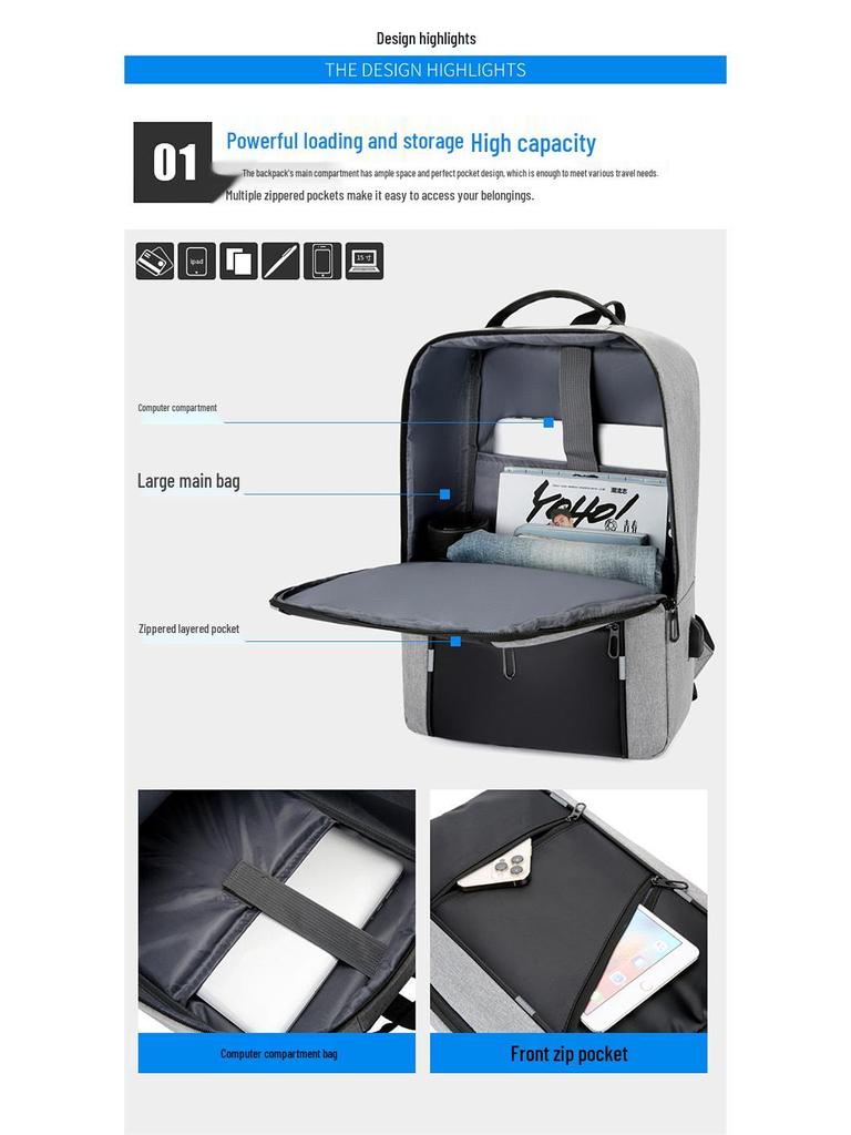 Мужской многофункциональный деловой рюкзак с USB-зарядкой и большой вместимостью