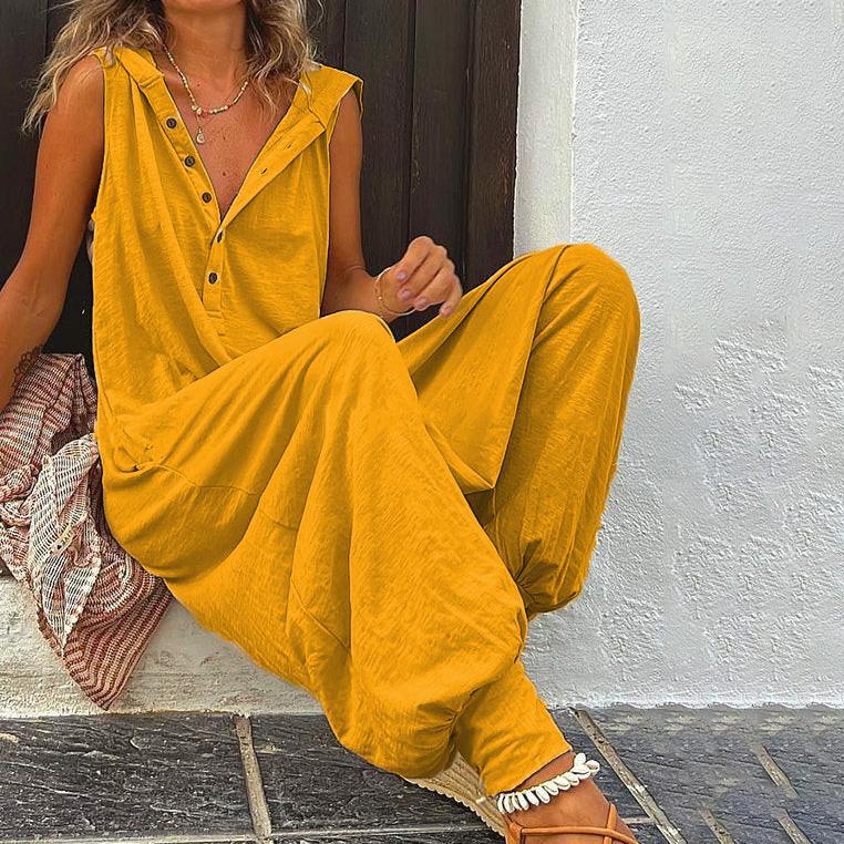 Винтажный комбинезон на пуговицах, летний женский повседневный пляжный комбинезон с перекрестными брюками, модный свободный однотонный комбинезон без рукавов с капюшоном, уличная одежда
