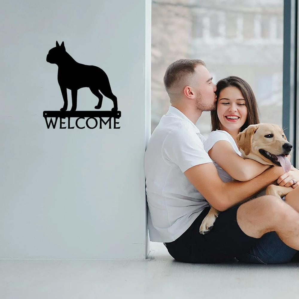 Dog Welcome Sign Boston Terrier - 12" X 13.6" Metal Wall Art for Pet Lovers, and Charming Home Entrance Decoration