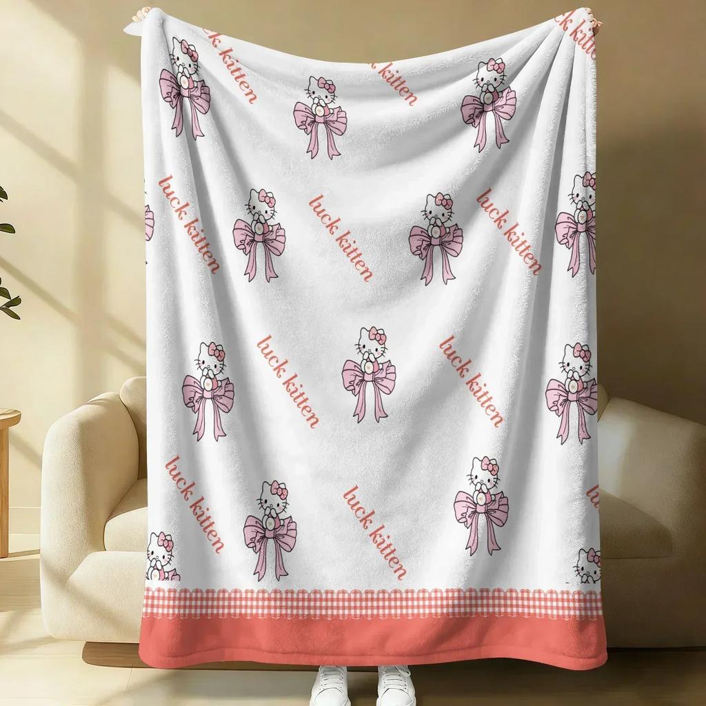 Sanrio Lovely Hello Kitty Plush Flannel Blanket Blue & White Stripe Lightweight Throw Bed Sofa Cover School Office Nap Shawl
