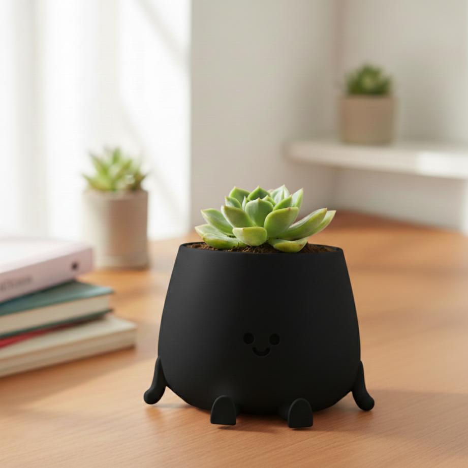 Decorative flowerpot with a smile, black, for plants, modern design