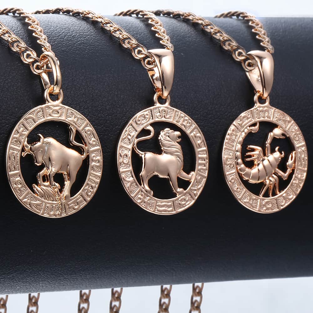 Women's Zodiac Sign Pendant 12 Constellation Charm Rose Gold Necklace Aries Leo Scorpio 3mm Snail Jewelry GP278