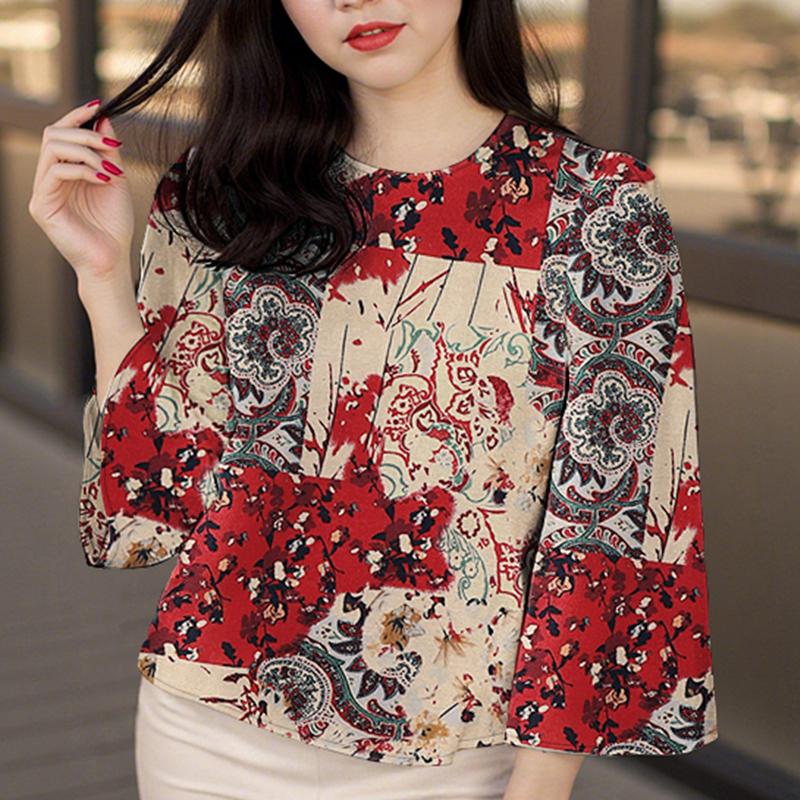 ZANZEA Women Ethnic Print Casual Round Neck 3/4 Sleeve Blouse