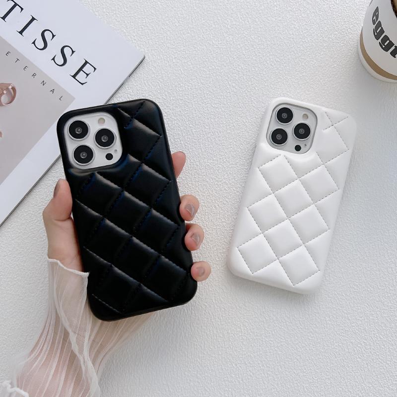 Luxury Solid Color Leather Rhombus Up and Down Not Bordered Phone Case For iPhone 16 Pro Max 14 11 12 13 15 Pro Max Bumper Cover