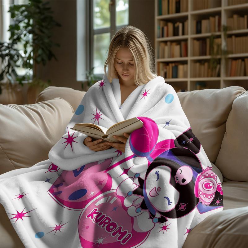 Lovely Kuromi Flannel Blanket Soft Warm Throw Japanese Anime Leg Blanket Camping Office Bedroom School Nap Blanket Summer Quilt