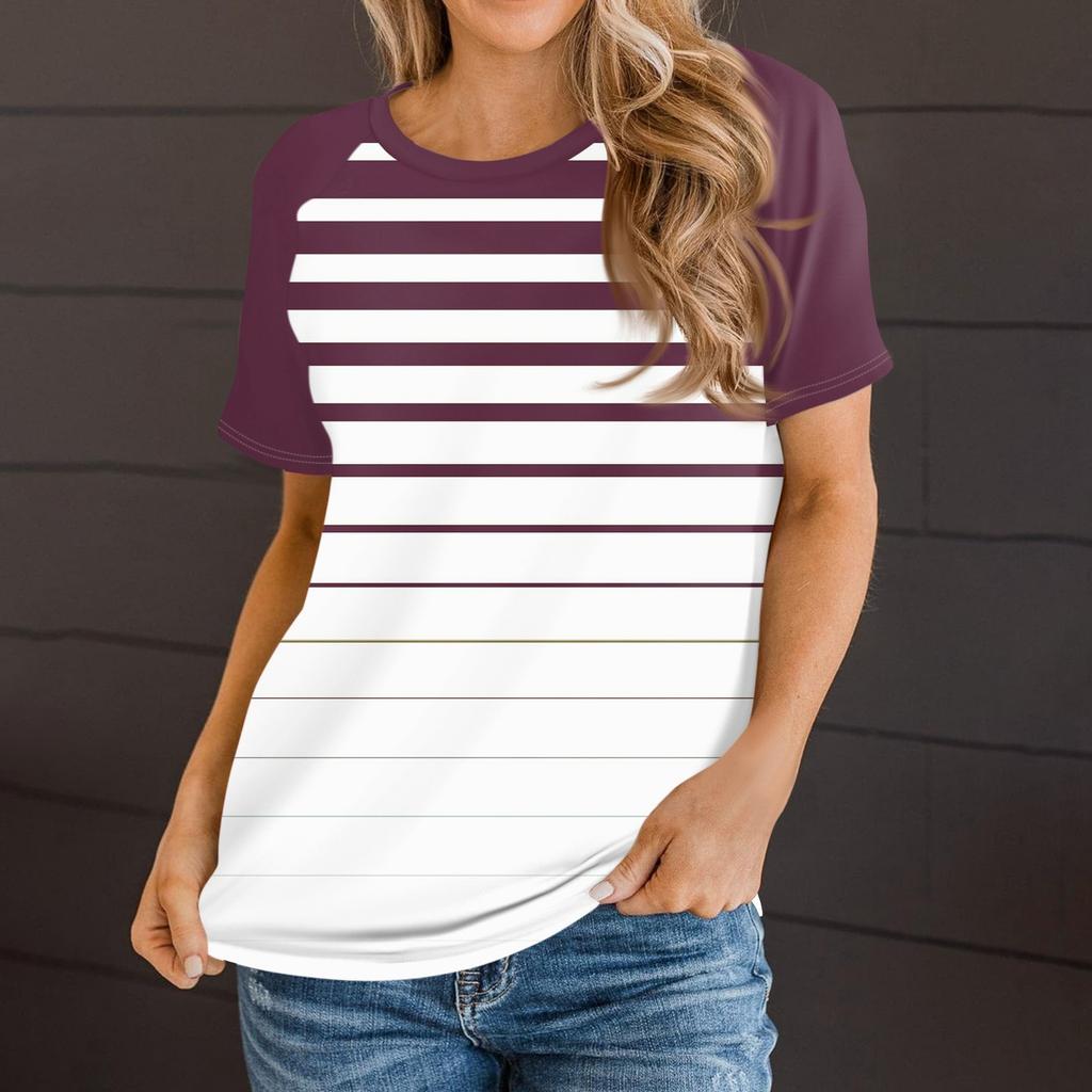 Женская летняя повседневная полосатая градиентная футболка с круглым вырезом и рукавом реглан с коротким рукавом