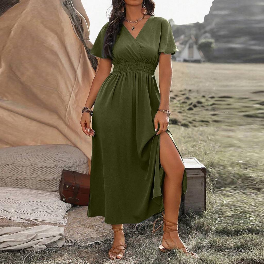 Women's Summer Fashion Sexy Comfortable Wrap Waist Maxi Dress V Neck Side Slit Casual Dress A-Line Long Short Sleeve Solid Color Dress